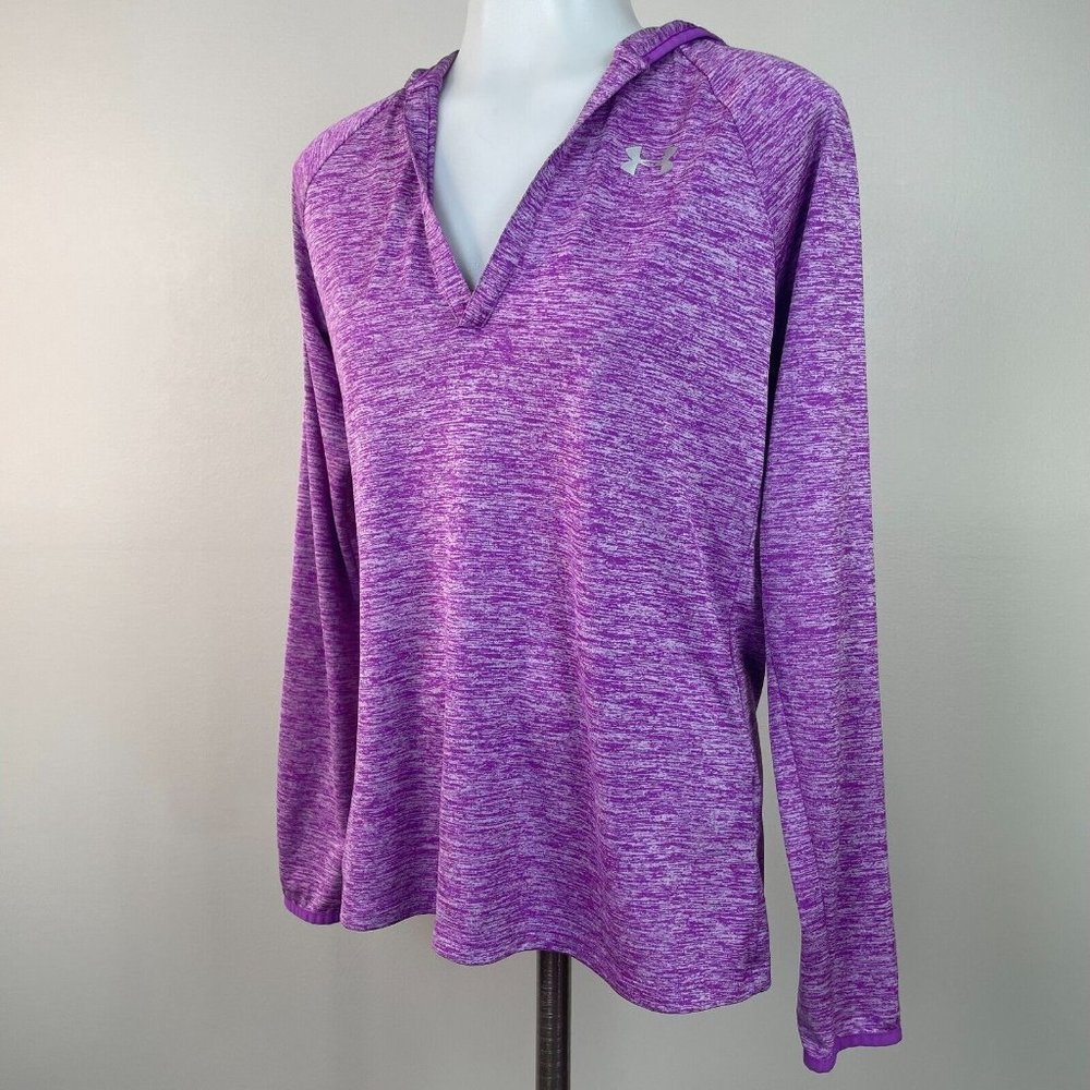 Under Armour Top Small Purple Hooded Loose Fit Long Sleeve Gym T-Shirt Women's - Picture 3 of 11